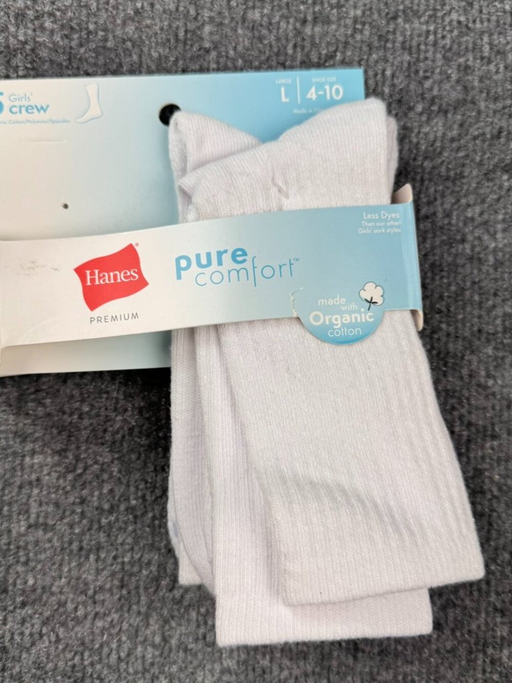 Hanes Pure Comfort Girls Crew Socks 2 Pairs White Organic Cotton Large - NEW